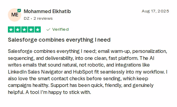 Verified five-star Trustpilot review of Salesforge by Mohammed Elkhatib from August 17, 2025, titled Salesforge combines everything I need