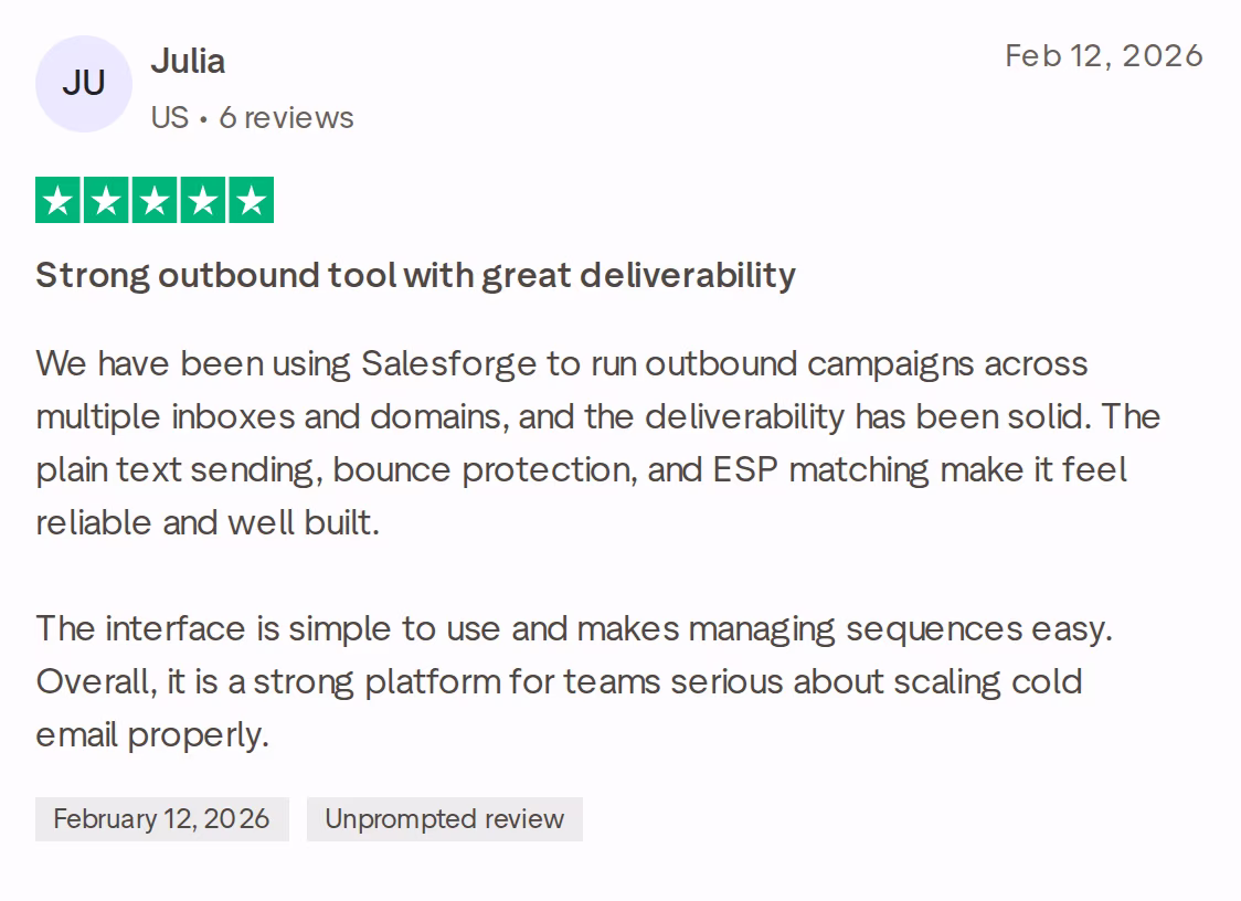 5-star Trustpilot review of Salesforge by Julia, February 12, 2026, praising its deliverability and simple interface