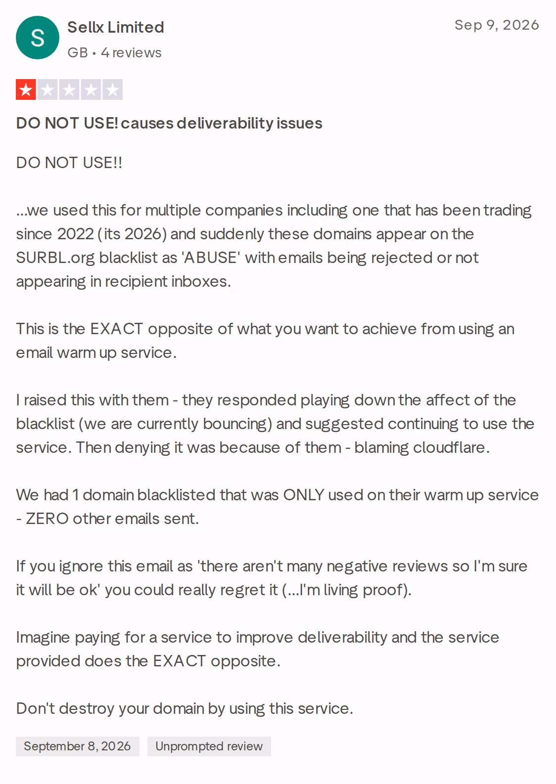 1-star Trustpilot review of Smartlead by Sellx Limited, September 9, 2026, reporting a warm-up-only domain blacklisted on SURBL
