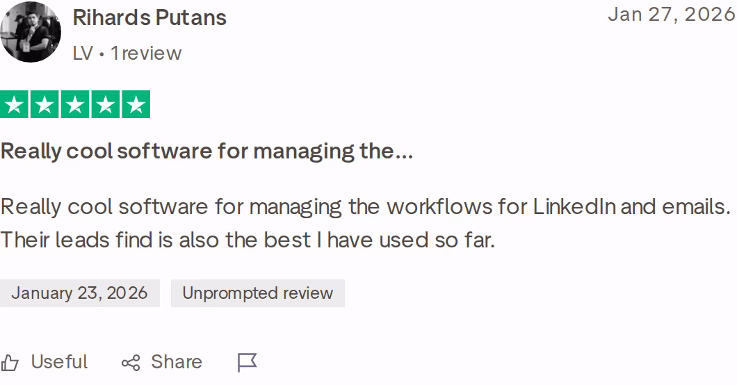Five-star Trustpilot review of Salesforge by Rihards Putans dated January 27, 2026, praising LinkedIn and email workflows