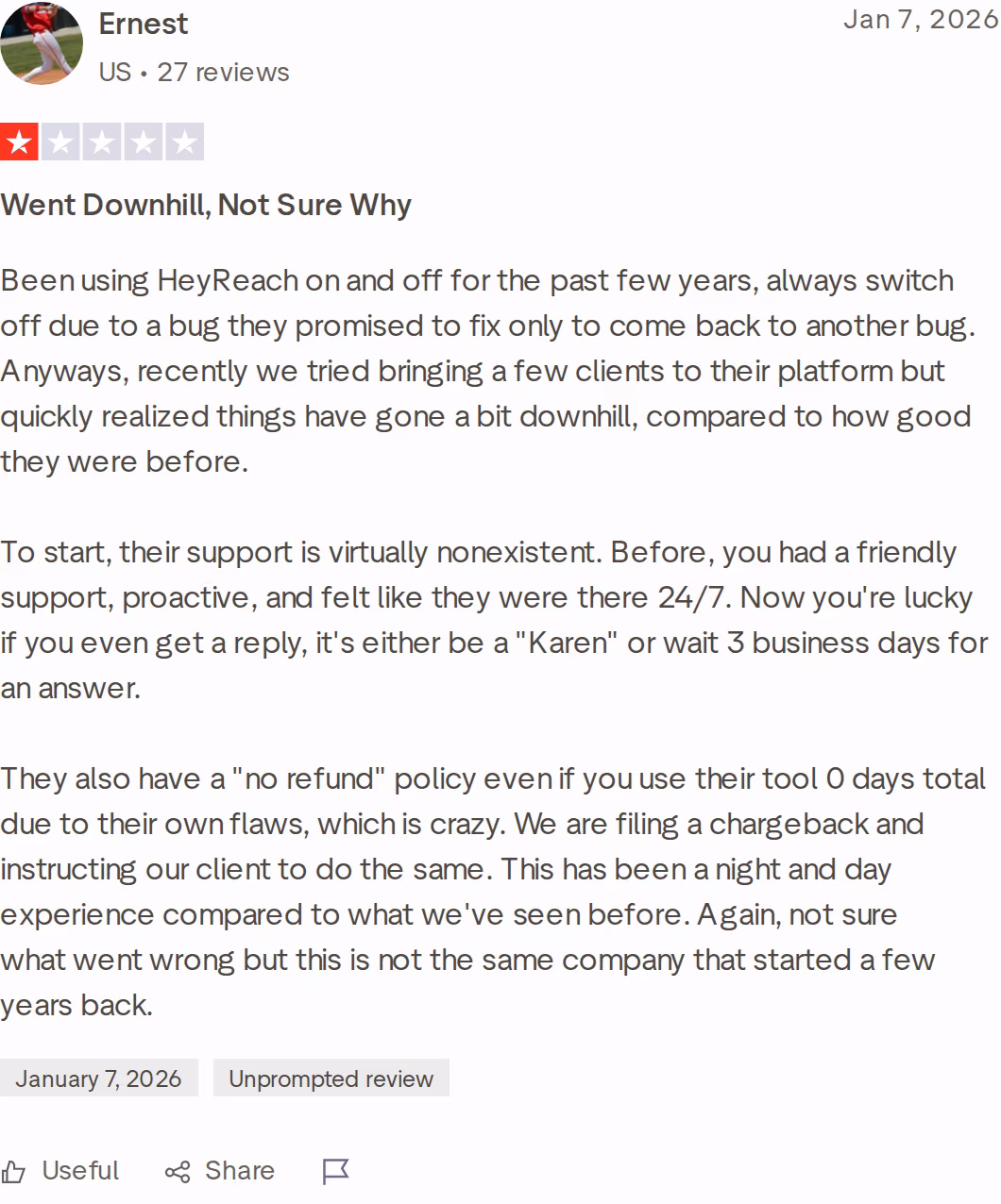One-star Trustpilot review of HeyReach by Ernest dated January 7, 2026, titled Went Downhill, Not Sure Why
