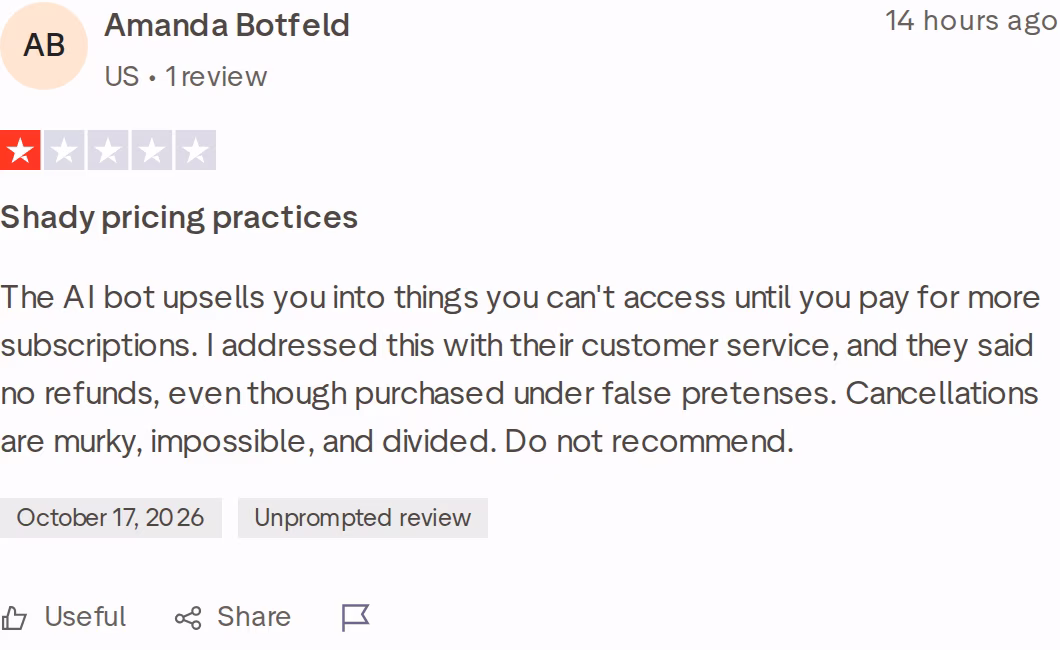 1-star Trustpilot review of Instantly by Amanda Botfeld, October 2026, titled Shady pricing practices, about AI upsells and refunds