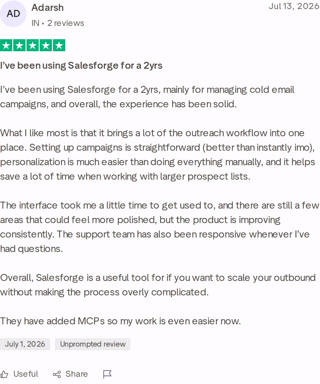 5-star Trustpilot review of Salesforge by Adarsh, July 13, 2026, saying campaign setup is better than Instantly and praising support and MCPs