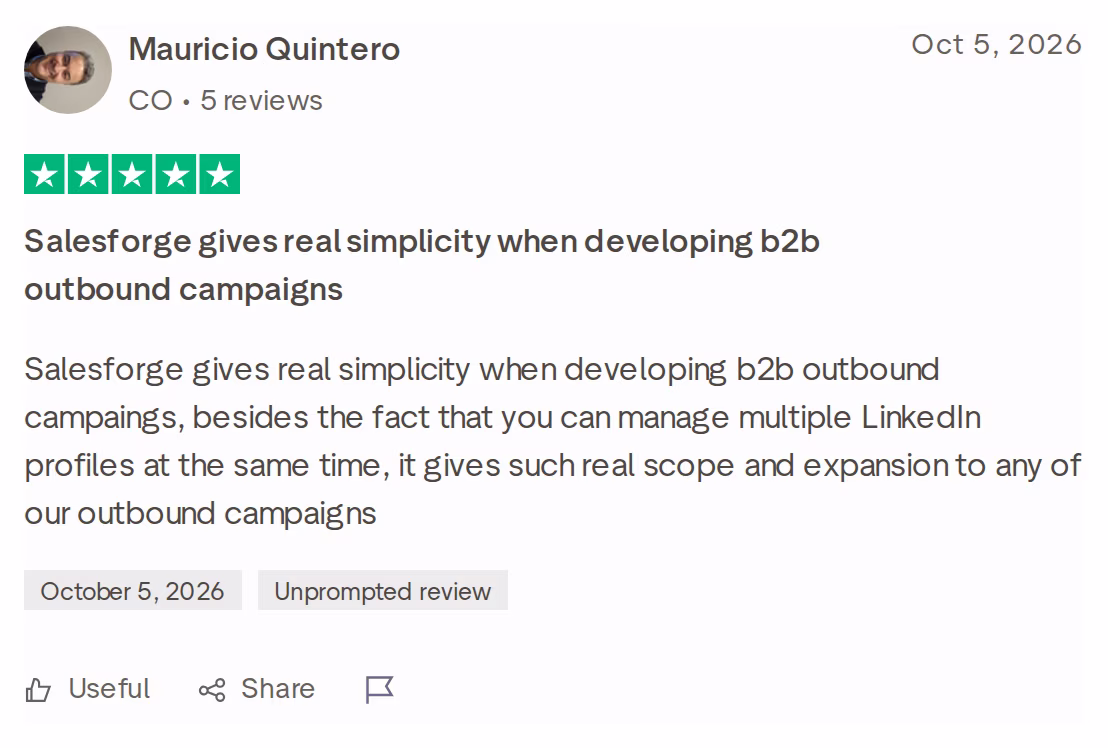 Five-star Trustpilot review of Salesforge by Mauricio Quintero, October 5, 2026, praising managing multiple LinkedIn profiles at once