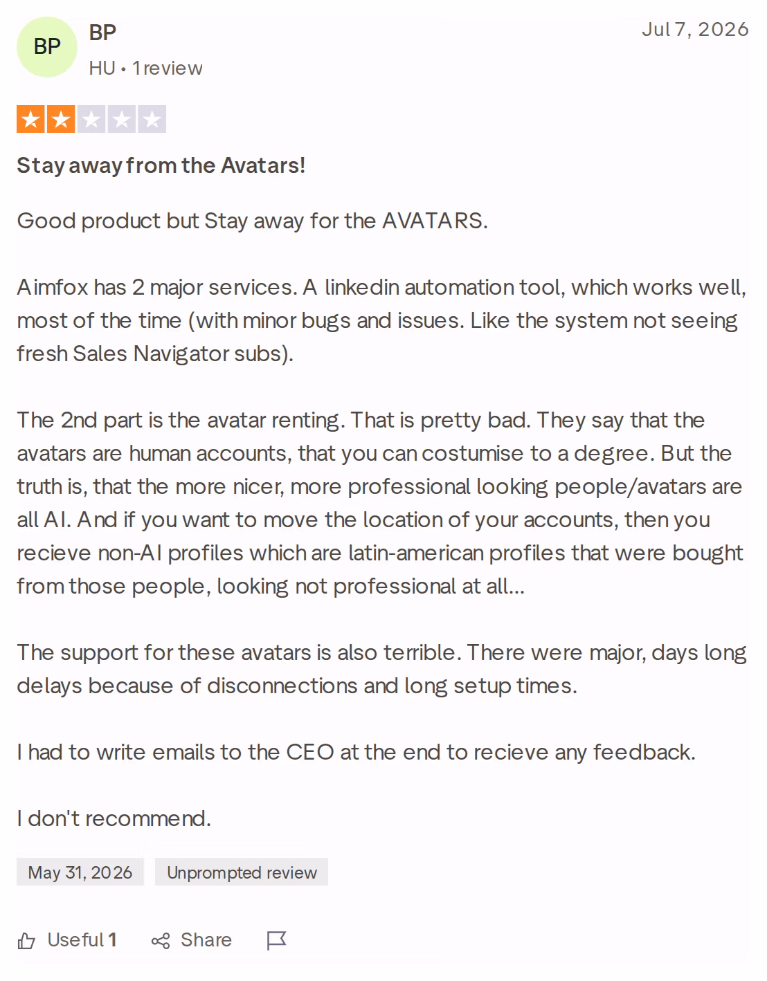 Two-star Trustpilot review of Aimfox by BP, July 7, 2026, warning against its rented Avatar profiles