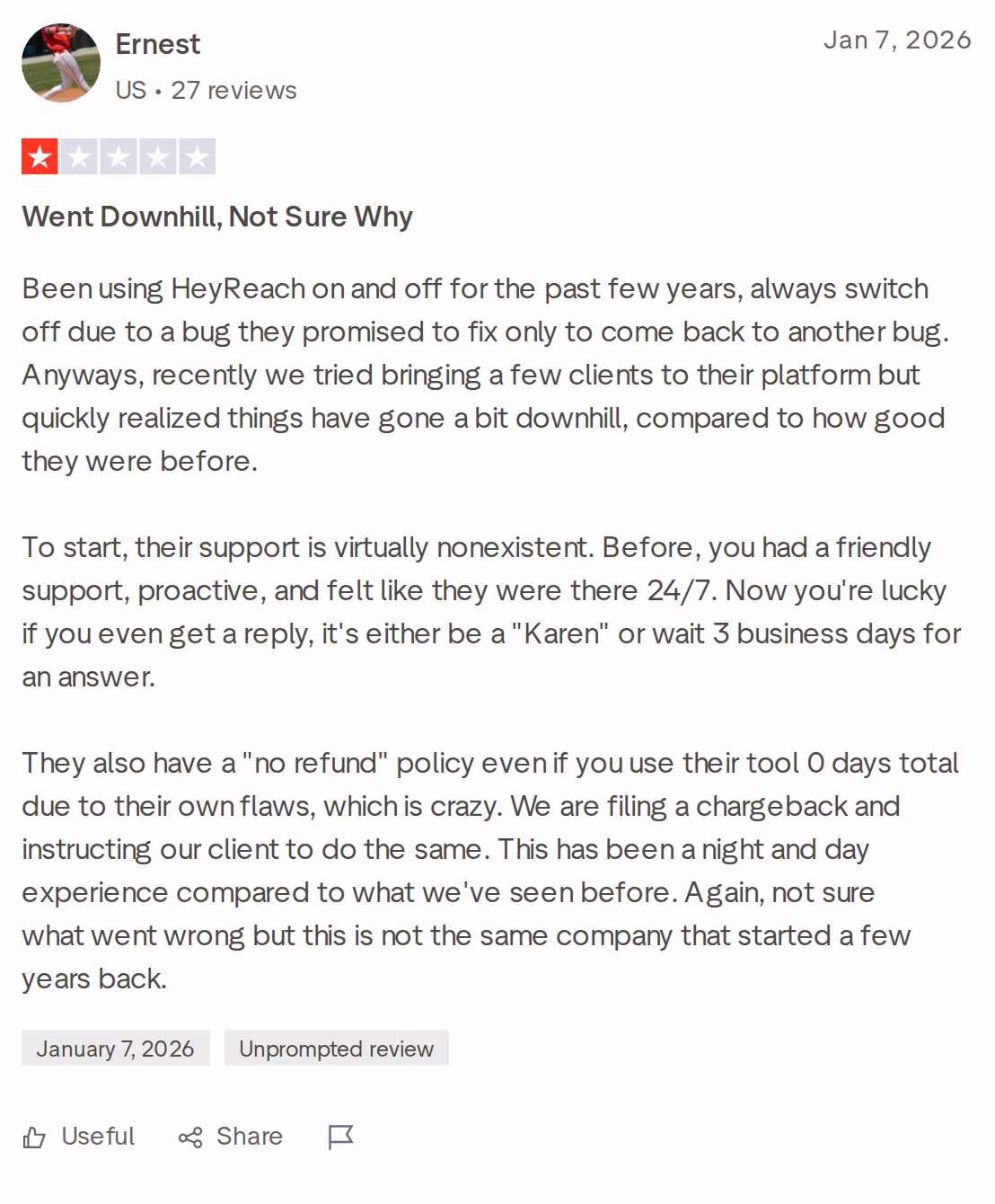 One-star Trustpilot review of HeyReach by Ernest, January 7, 2026, citing slow support and a no-refund policy