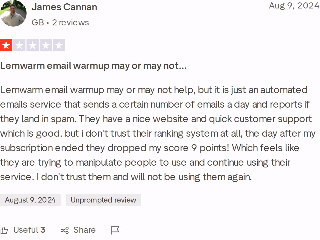 1-star Trustpilot review of Lemwarm by James Cannan, August 9, 2024, questioning its scoring system