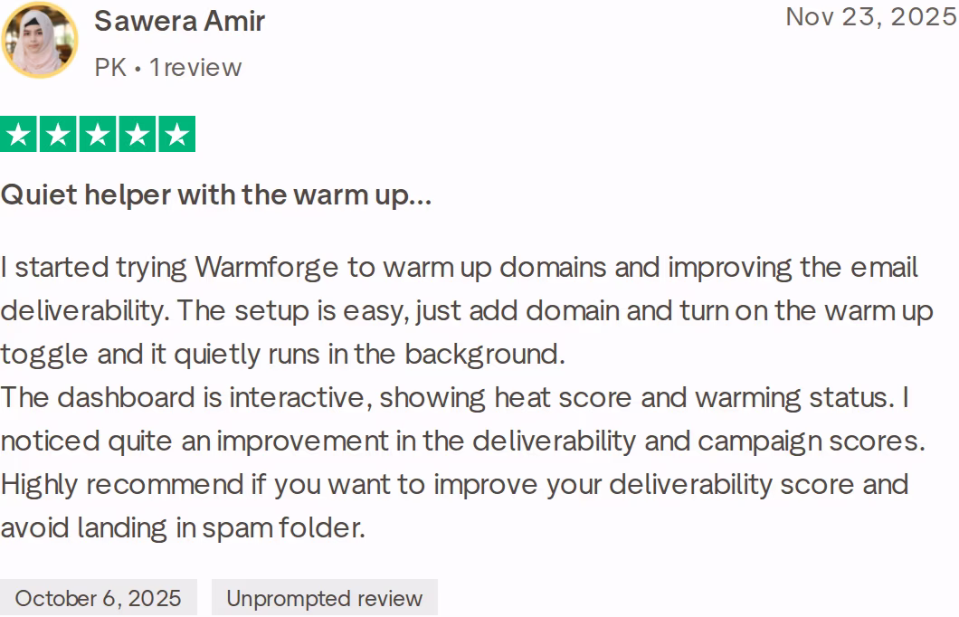 Five-star Trustpilot review of Warmforge by Sawera Amir praising the easy setup, the heat score and warming status dashboard, and better deliverability
