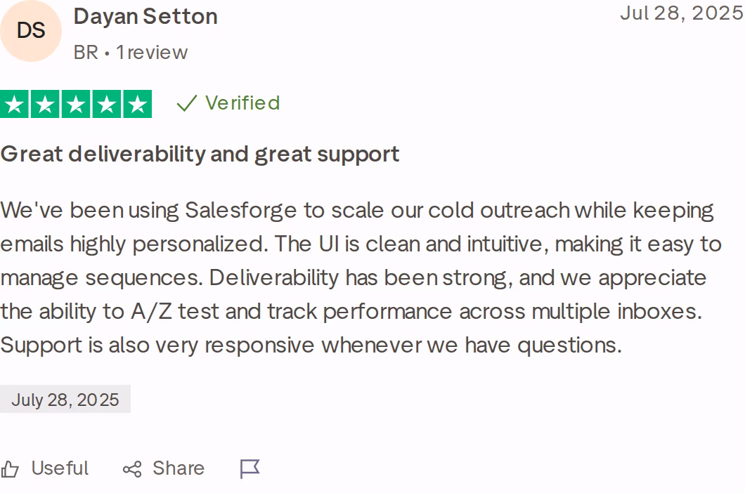 Verified 5-star Trustpilot review of Salesforge by Dayan Setton, July 28, 2025, titled Great deliverability and great support