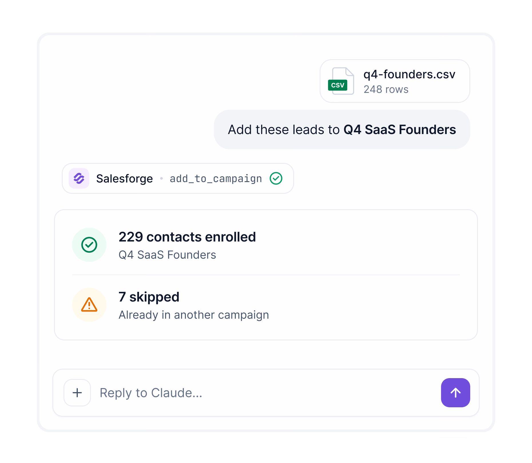 Claude chat adding uploaded leads to a Salesforge campaign via the Salesforge MCP