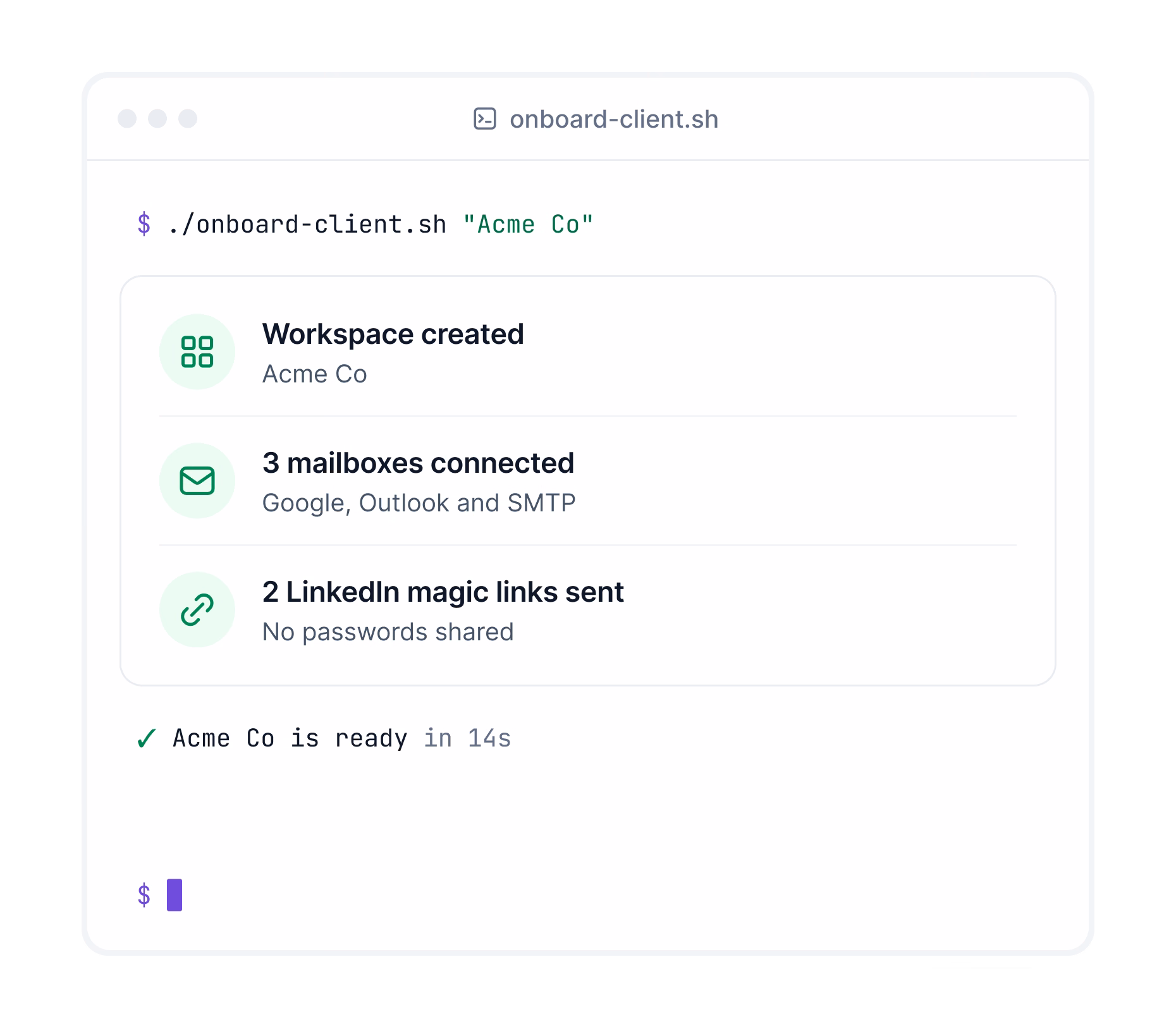 Terminal running a client onboarding script that creates a Salesforge workspace, connects mailboxes and sends LinkedIn magic links