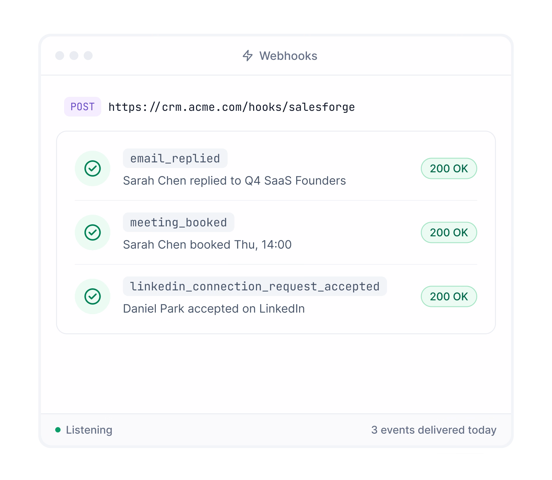 Salesforge webhook events for replies, booked meetings and LinkedIn accepts delivered to a CRM