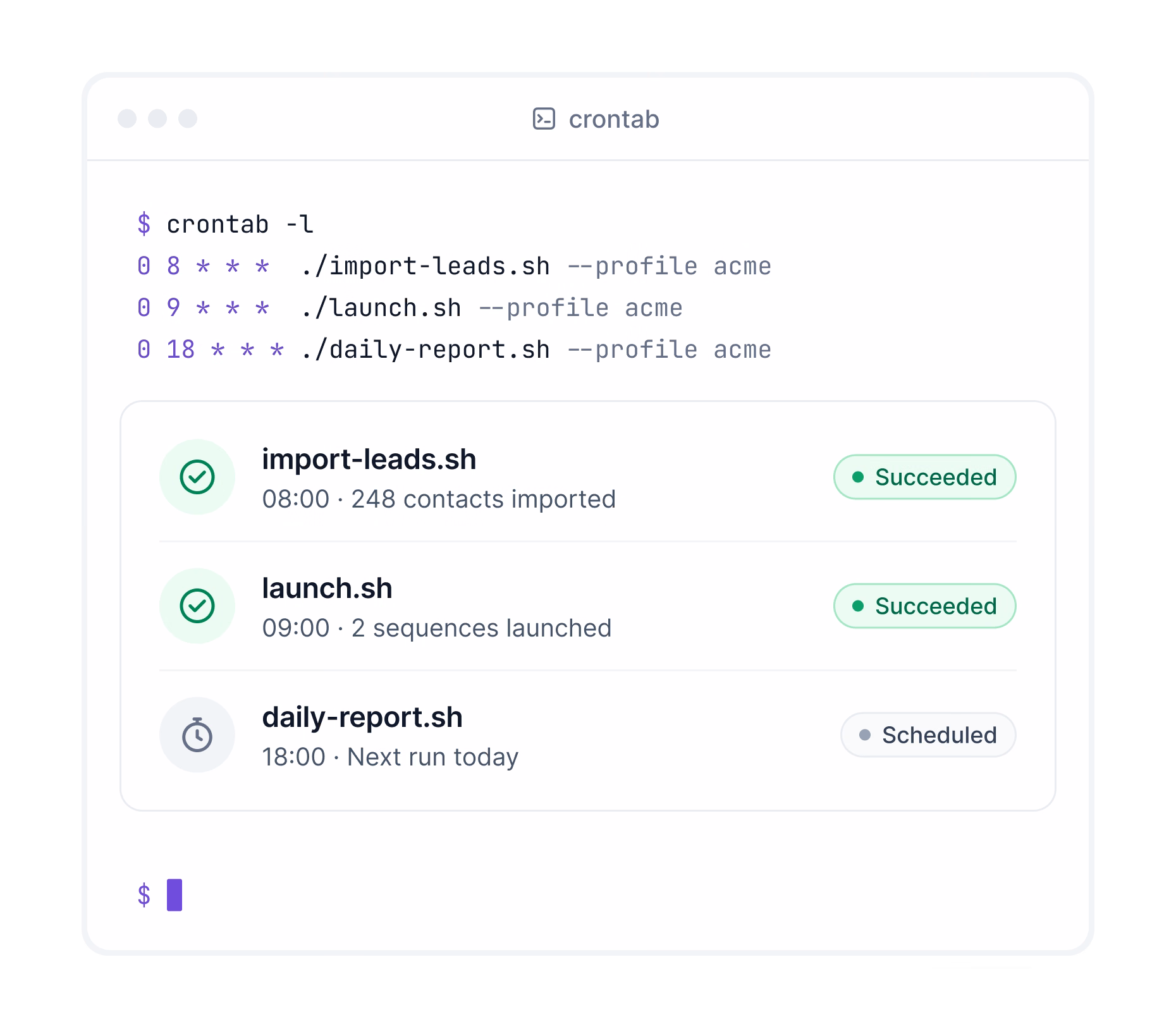 Crontab running daily Salesforge import, launch and report scripts on a schedule