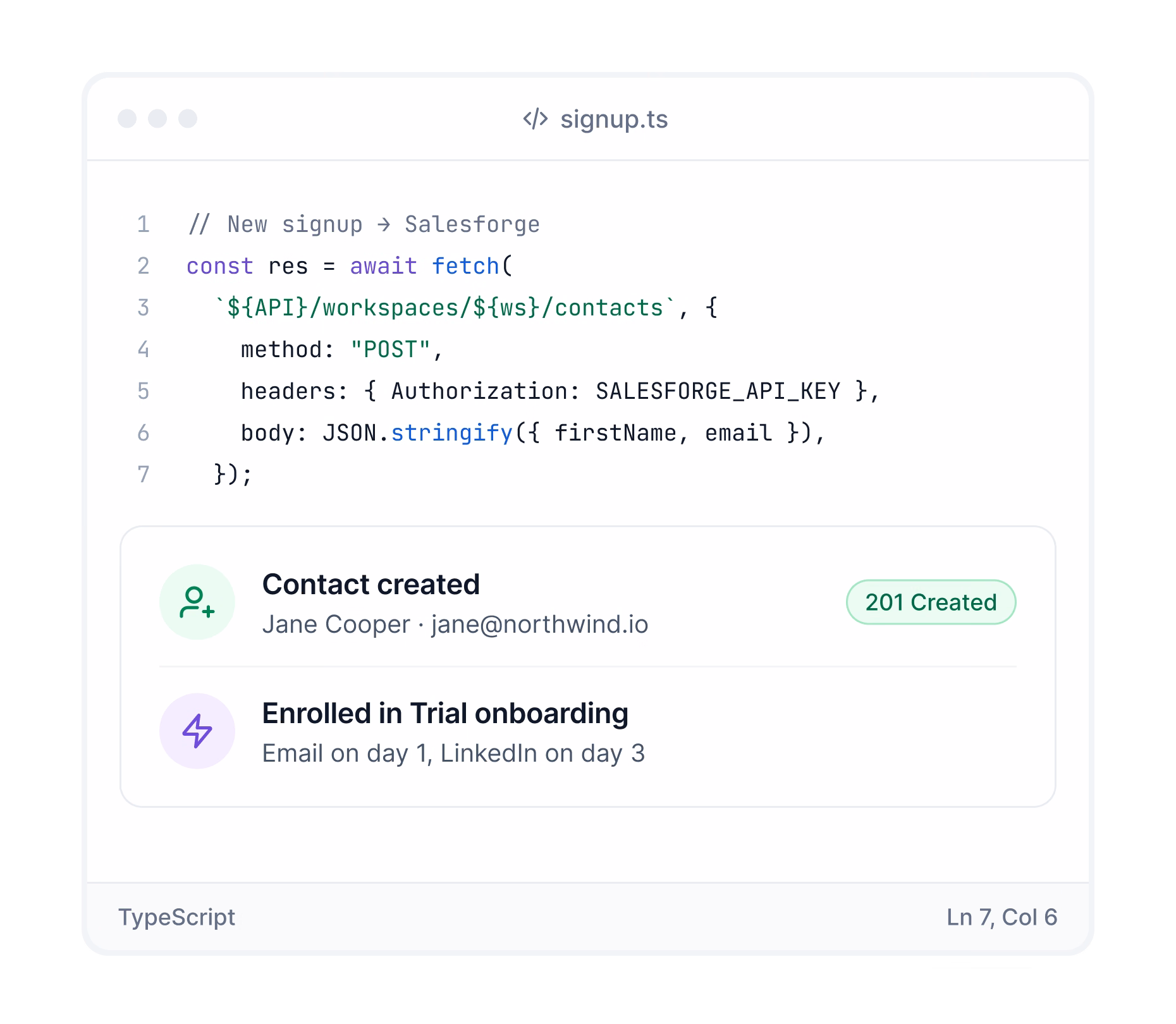 Code calling the Salesforge API to create a contact and enroll it in a sequence