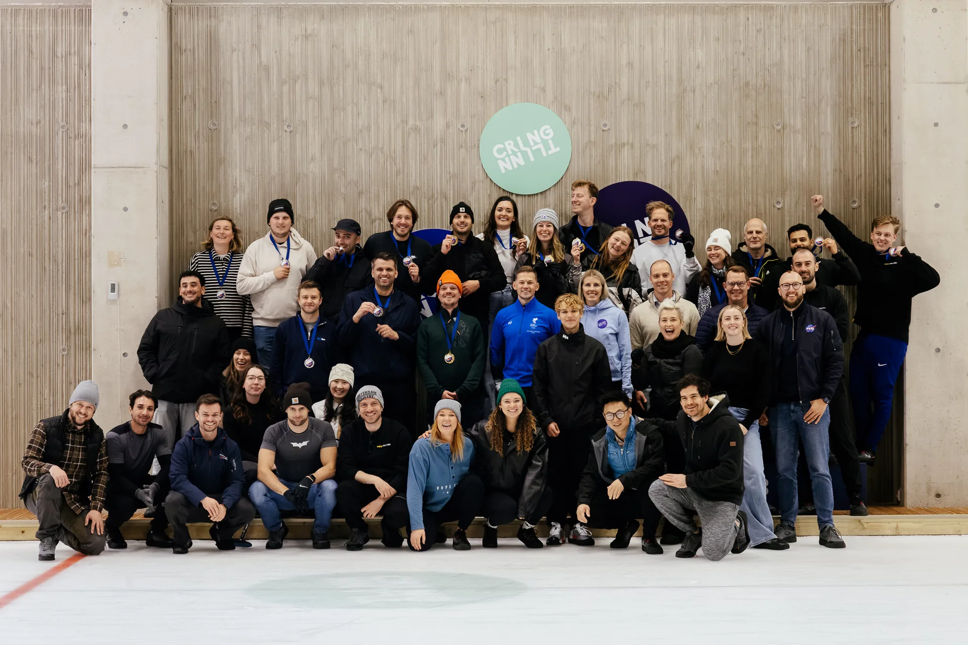 The full ParkBee team posing together after the curling session in Tallinn