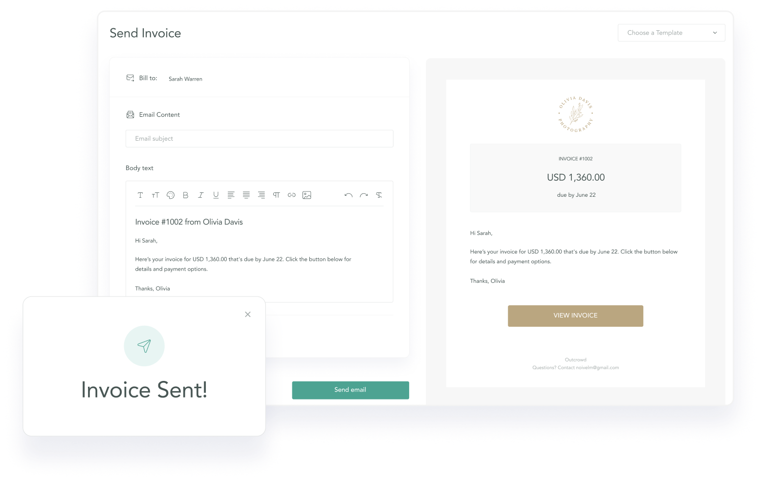 CloudSpot photography invoice showing a $3,600 payment schedule split into three installments with 2.5% processing fees