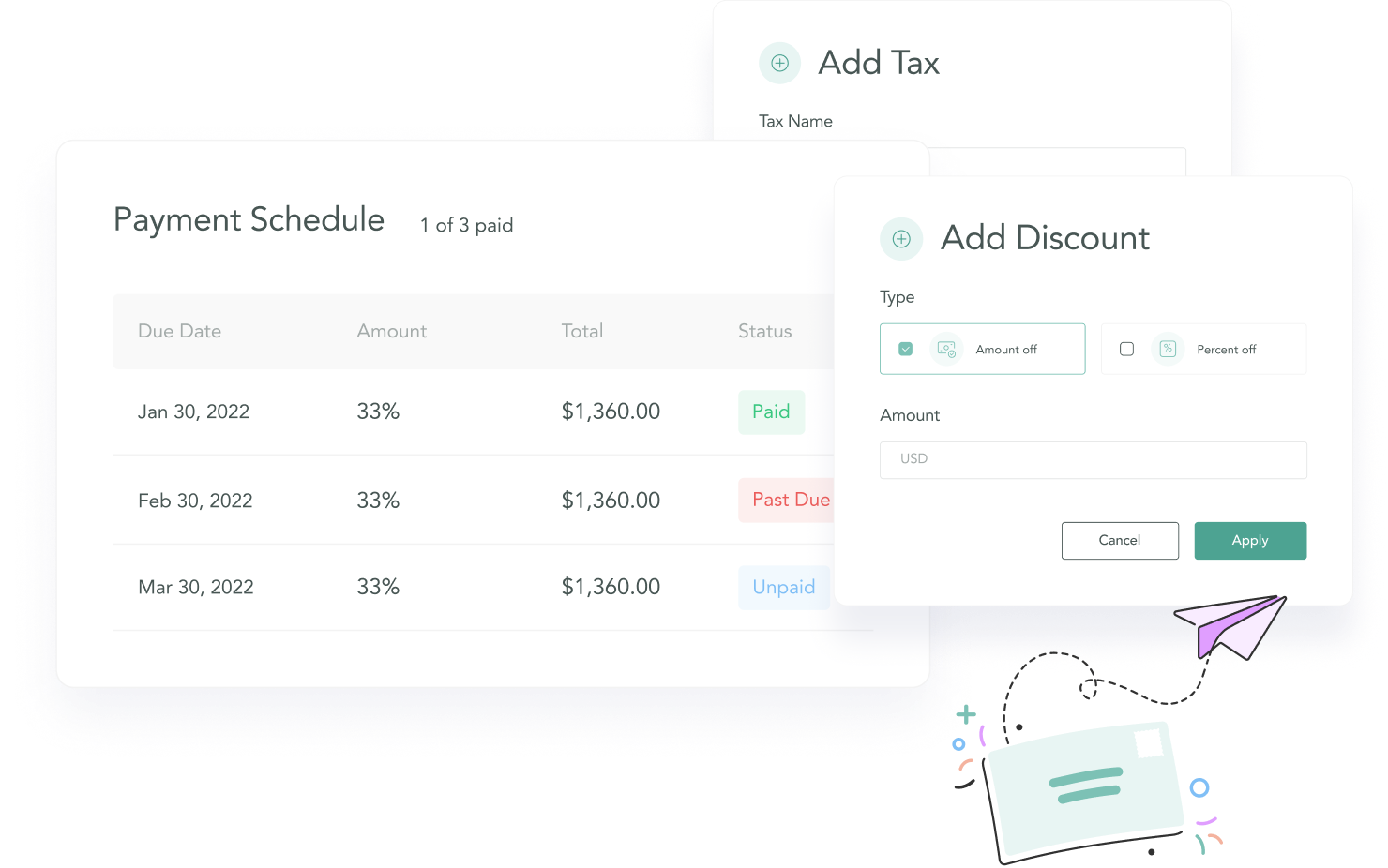 CloudSpot photography invoice showing a $3,600 payment schedule split into three installments with 2.5% processing fees