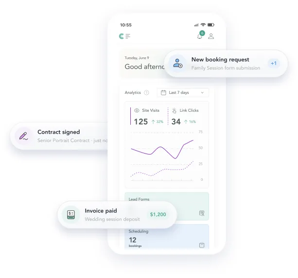 CloudSpot studio dashboard showing bookings, contracts and invoices