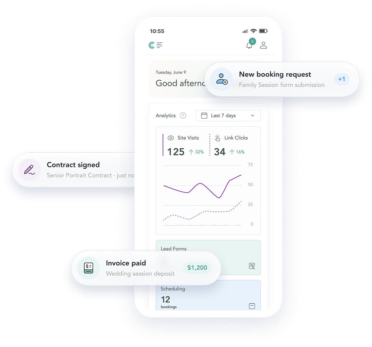 CloudSpot studio dashboard showing bookings, contracts and invoices