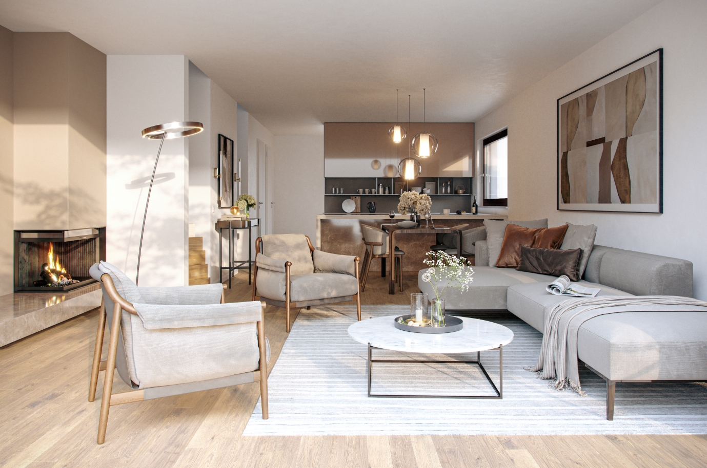 Wohnzimmer Innenvisualisierung aus einem der Stadthäuser sphere – New Mind