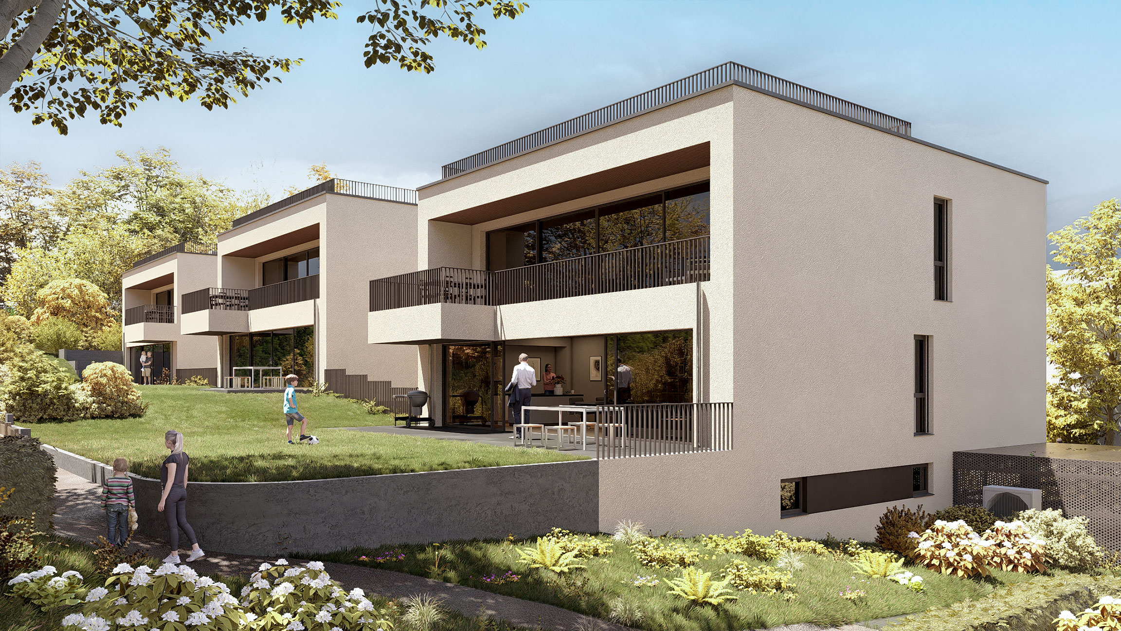 Visualisierung des Neubauprojekts "New Sphere" in Aachen mit Blick auf die Rückseite der Stadthäuser "Sphere – New Mind".