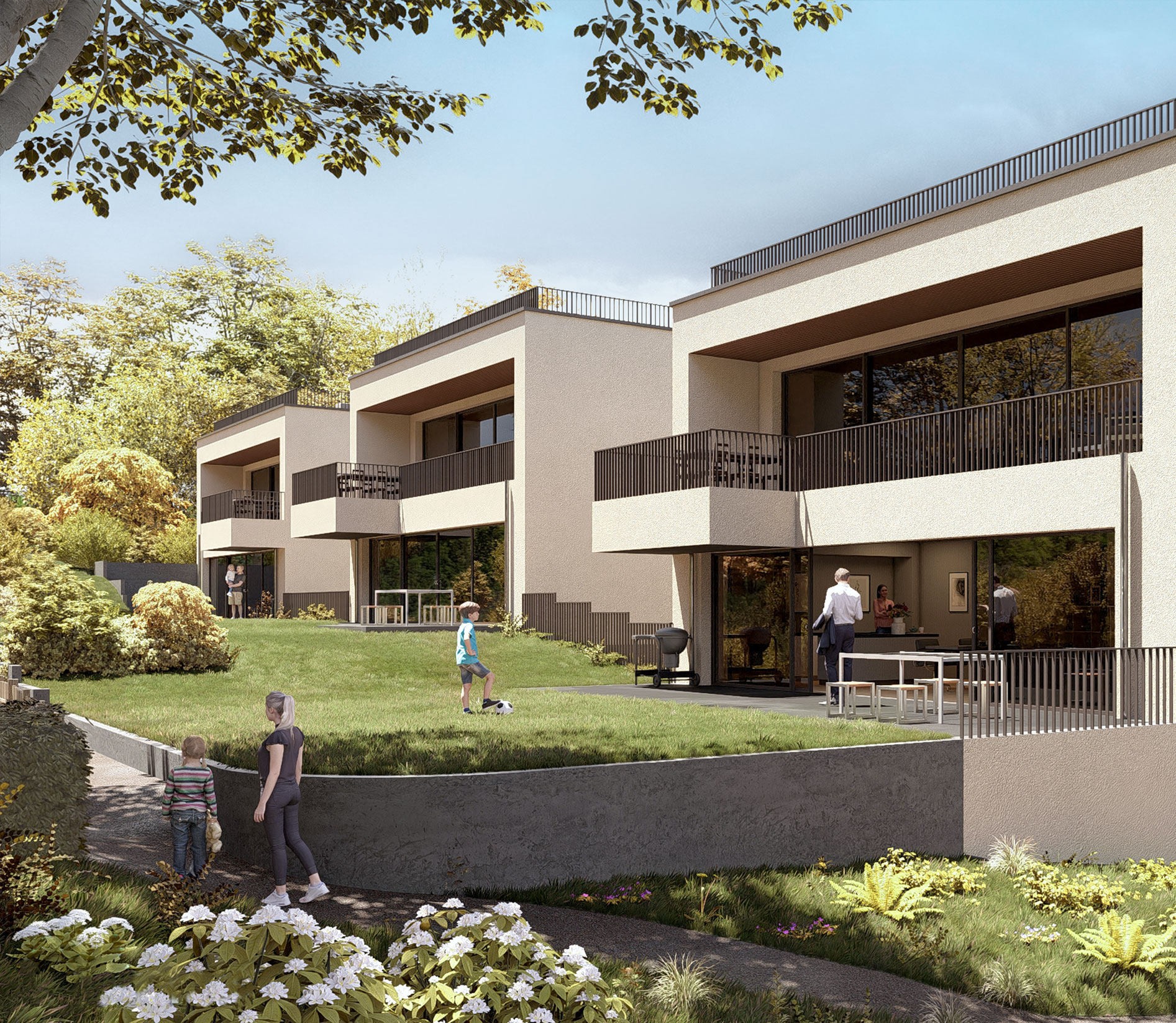 Visualisierung des Neubauprojekts "New Sphere" in Aachen mit Blick auf die Rückseite der Stadthäuser "Sphere – New Mind".