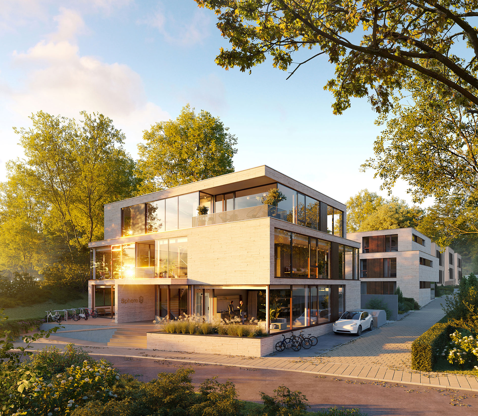 Visualisierung des Neubauprojekts "New Sphere" in Aachen mit Blick auf das Bürogebäude "Sphere – New Work".
