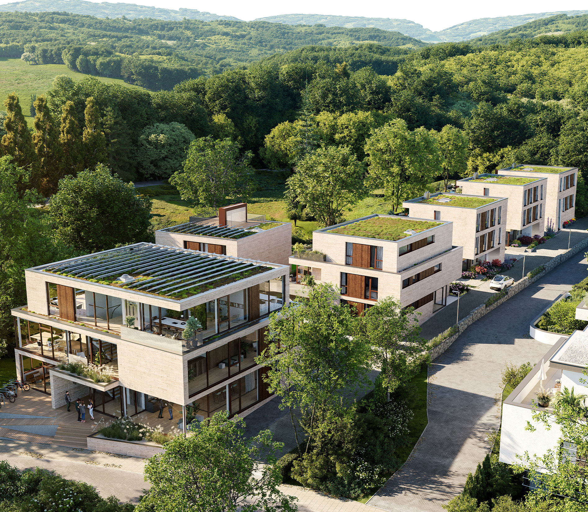 Visualisierung des Neubauprojekts "New Sphere" in Aachen aus der Vogelperspektive. Zu sehen sind ein Bürogebäude, zwei Apartmentgebäude und sechs Stadthäuser inmitten der Natur.