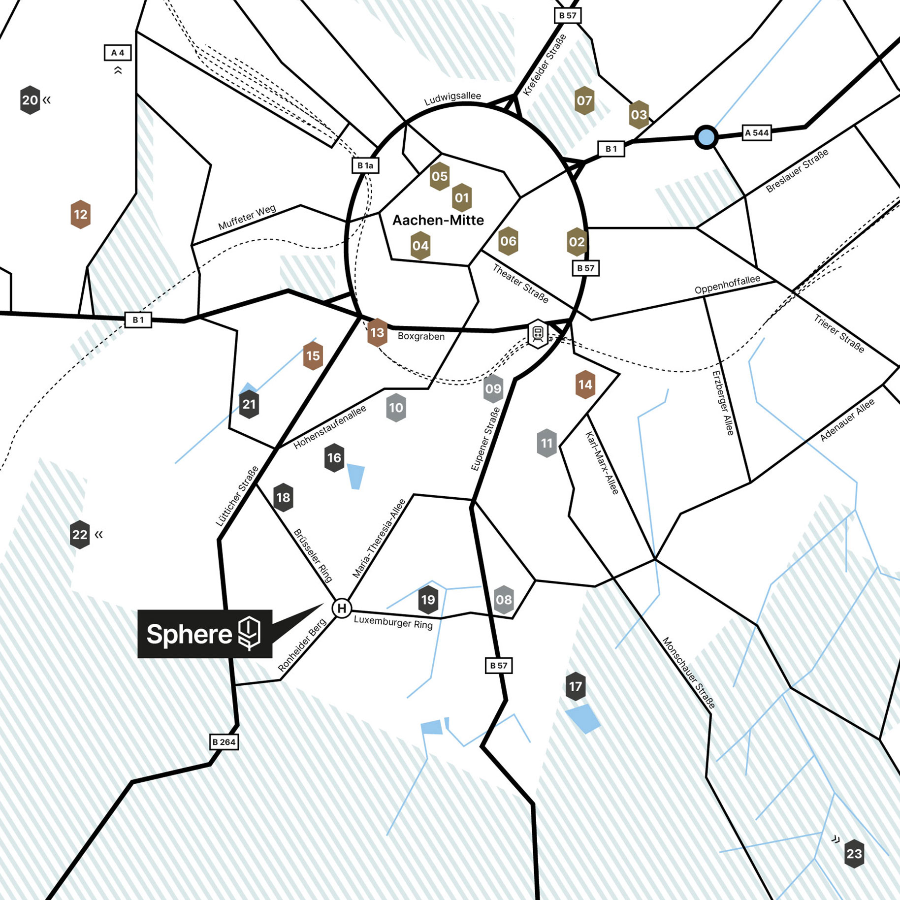 Illustrierte Karte von Aachen mit Standortangabe vom Neubauprojekt "New Sphere" und POIs in naher Umgebung.