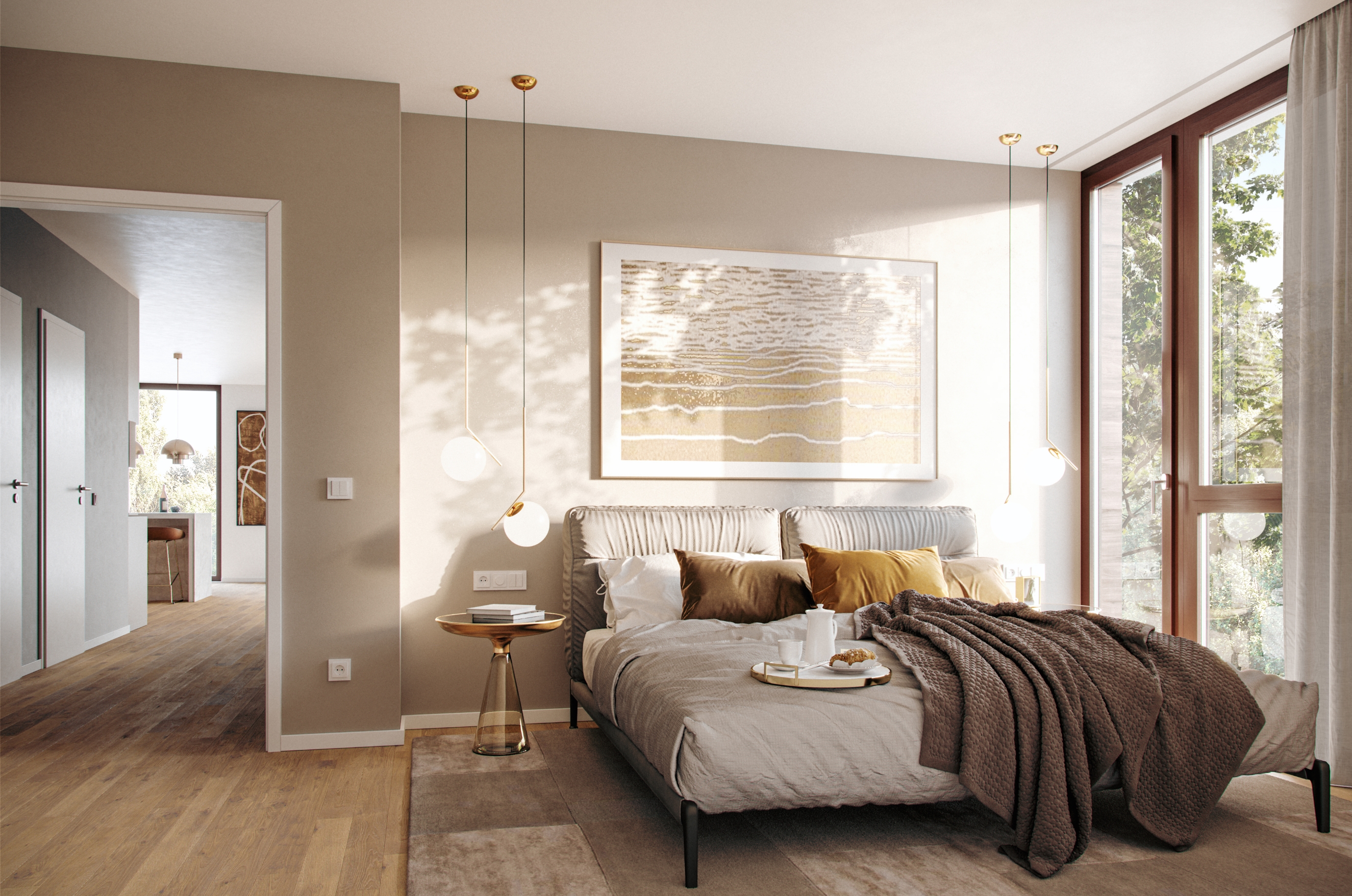 Schlafzimmer Innenvisualisierung aus einem der Apartments sphere – New Habit