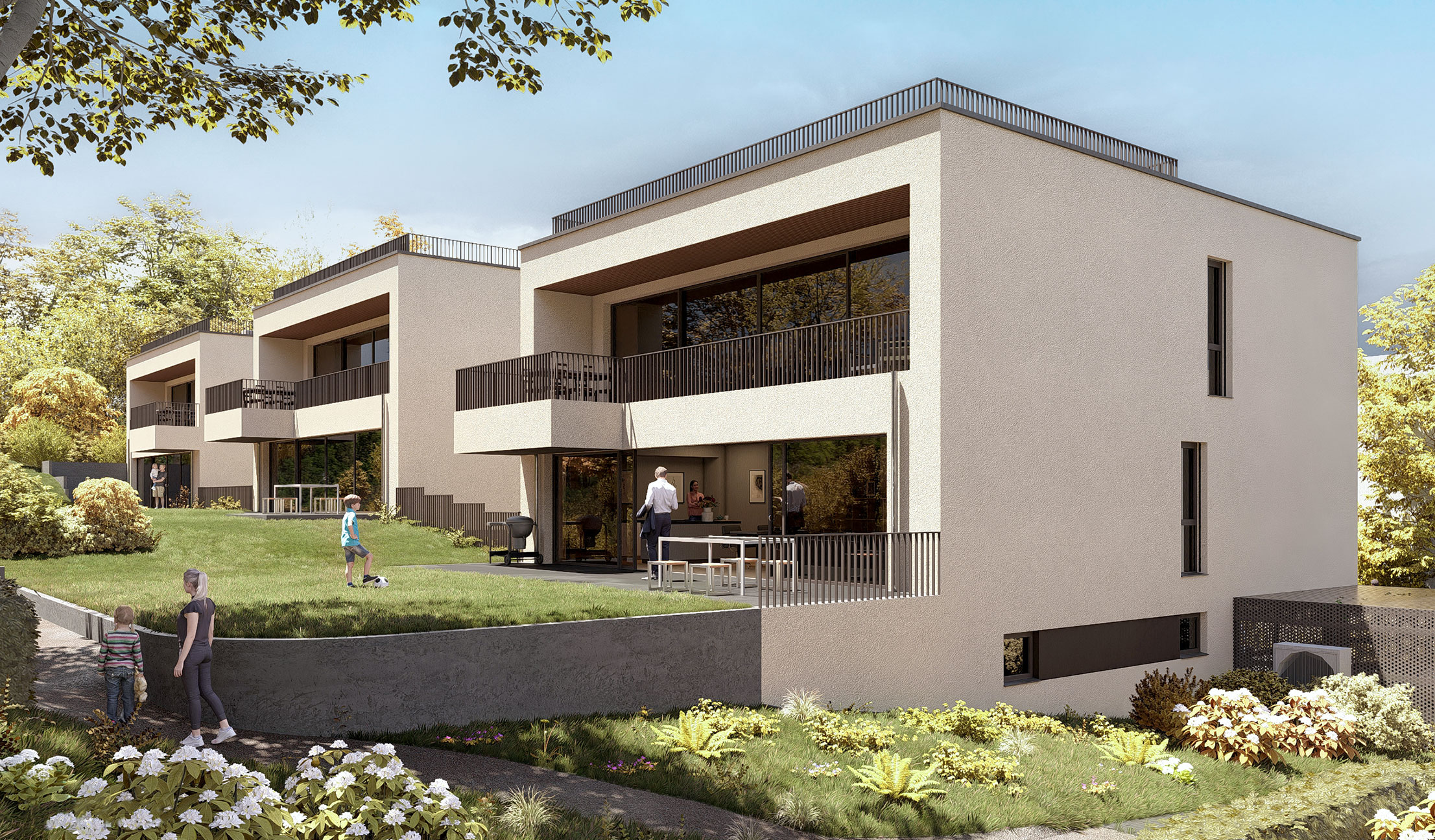 Außenvisualisierung von den Stadthäusern mit Blick auf die Rückseite der Häuser, wo sich der Garten befindet.