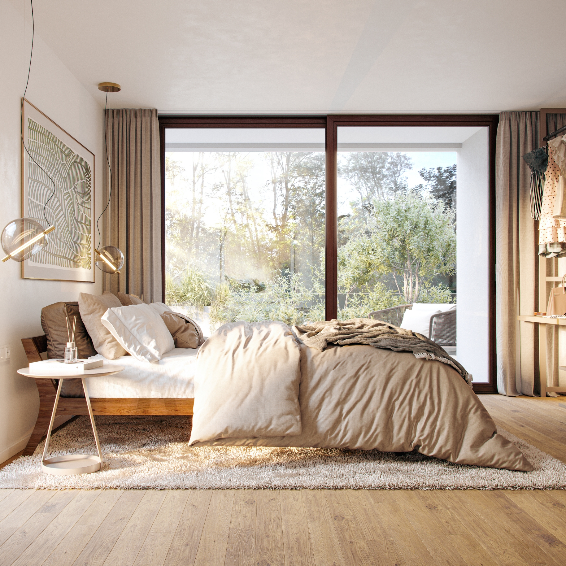 Schlafzimmer Innenvisualisierung aus einem der Stadthäuser sphere – New Mind