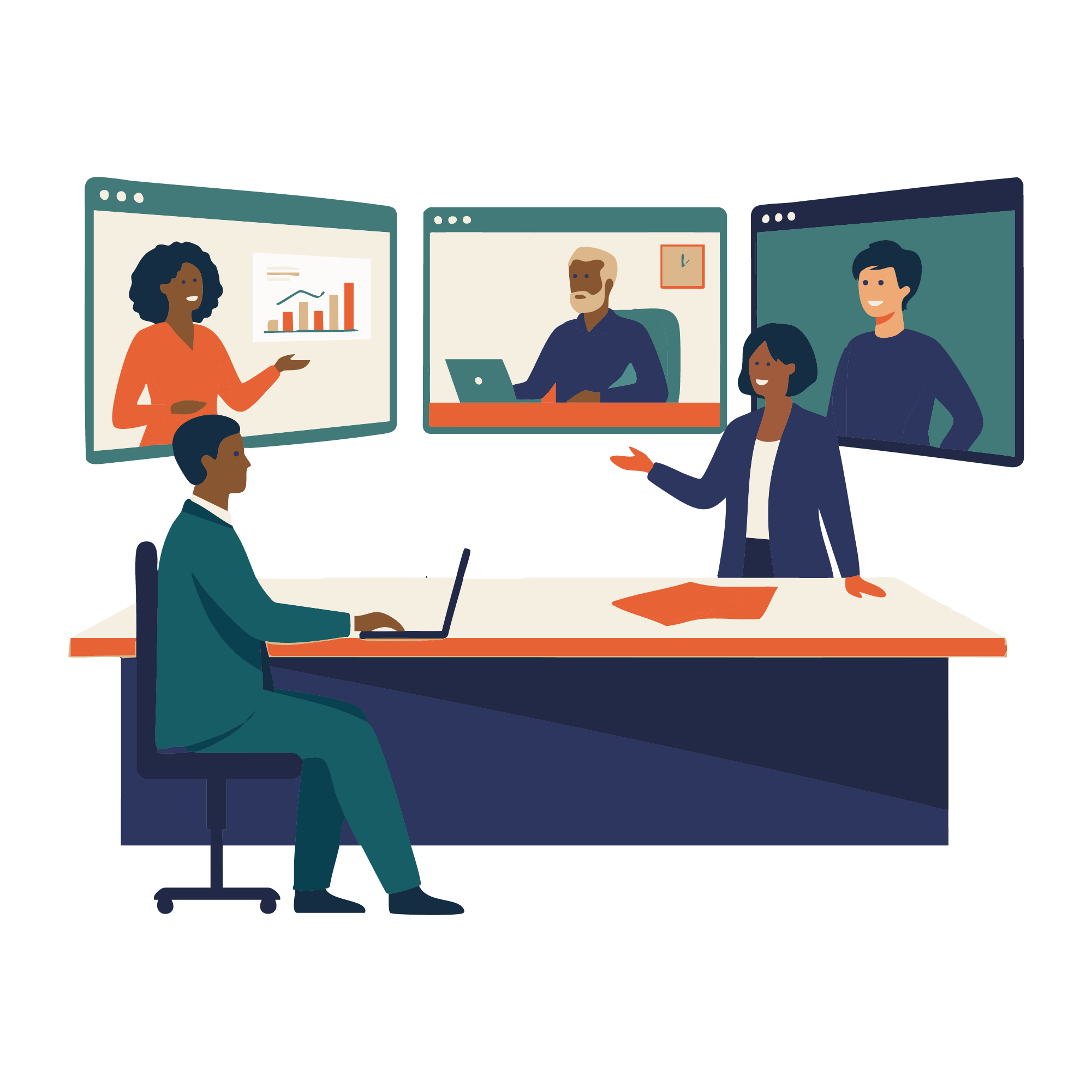 Cartoon people on a meeting being presented by a black woman standing up while a black man is listening with his laptop in front of him. Behind them there are three oversized screens with one cartoon person on each.