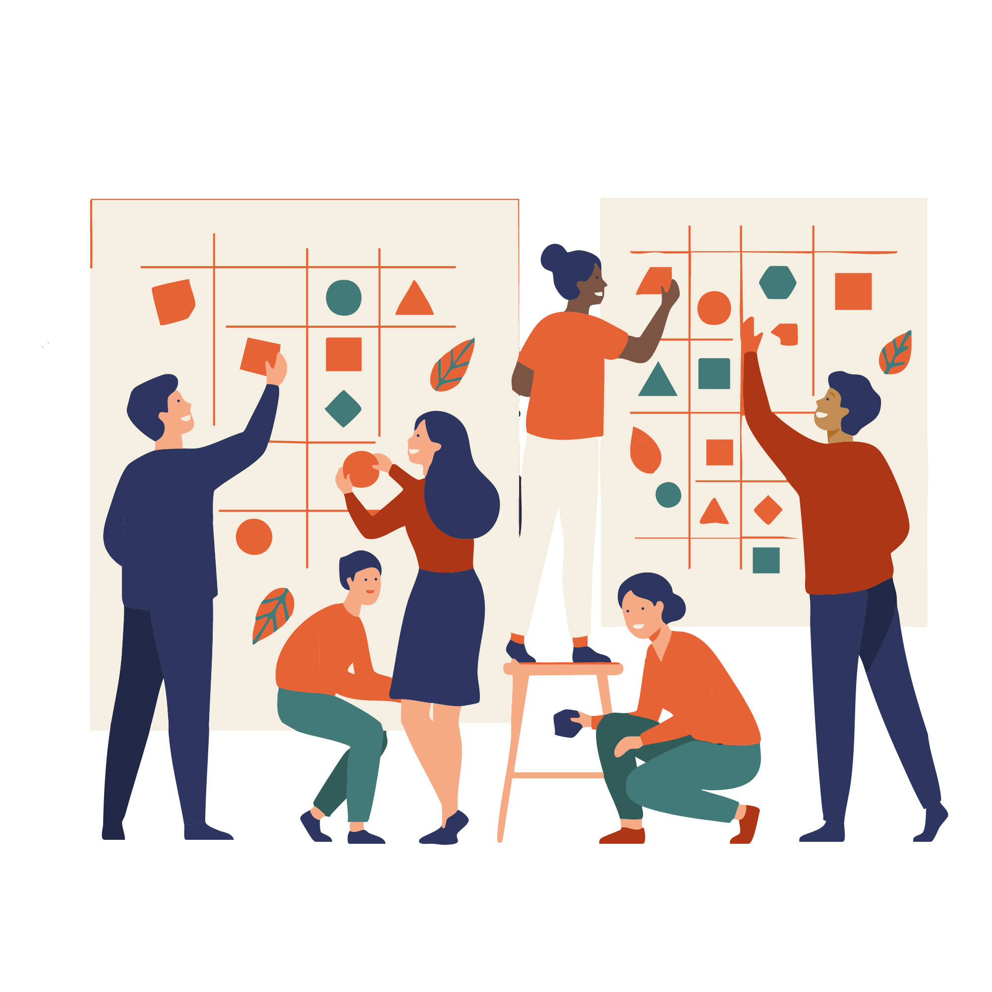 Cartoon people of all types organizing shapes on two oversized boards