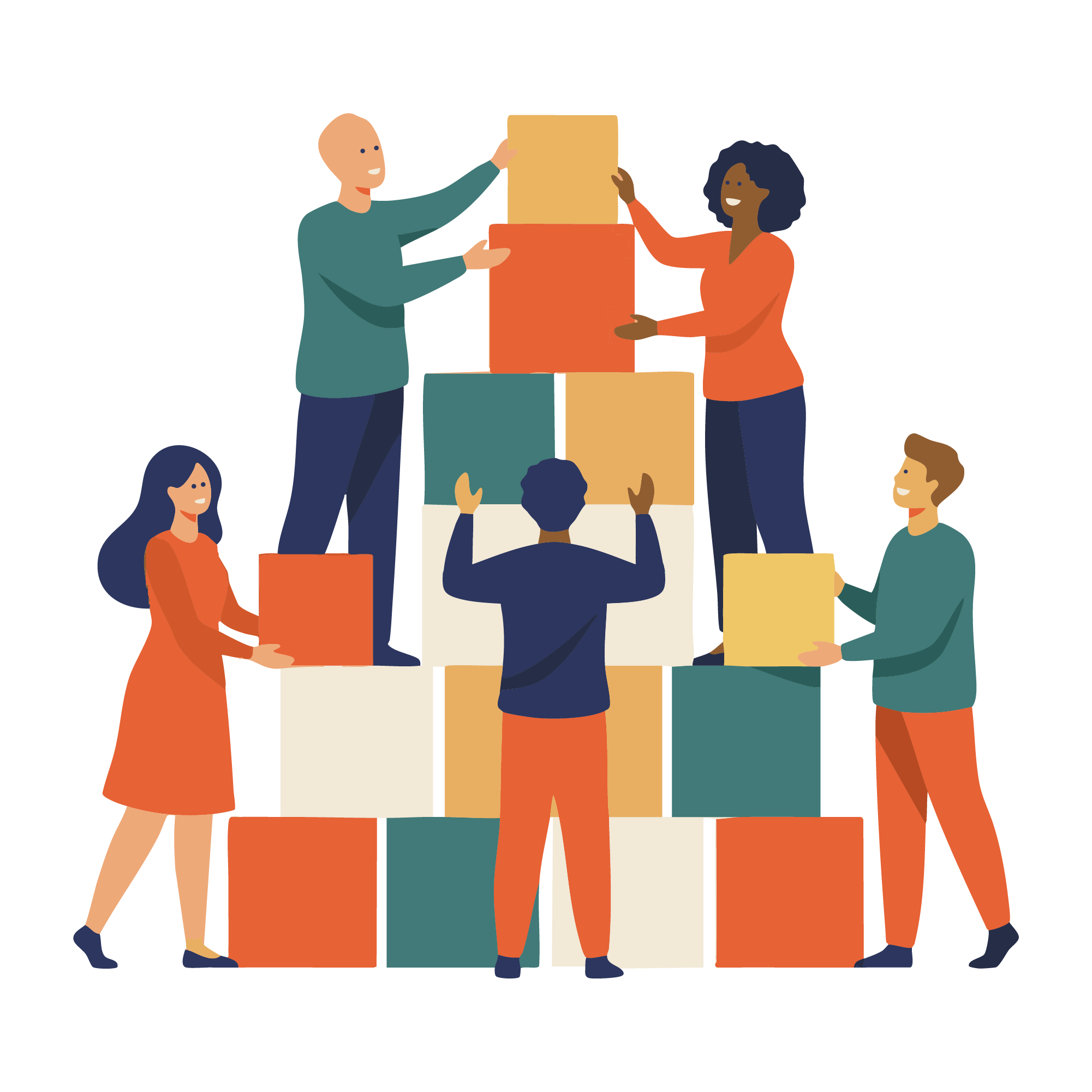 Cartoon people putting oversized blocks together to form a tower.