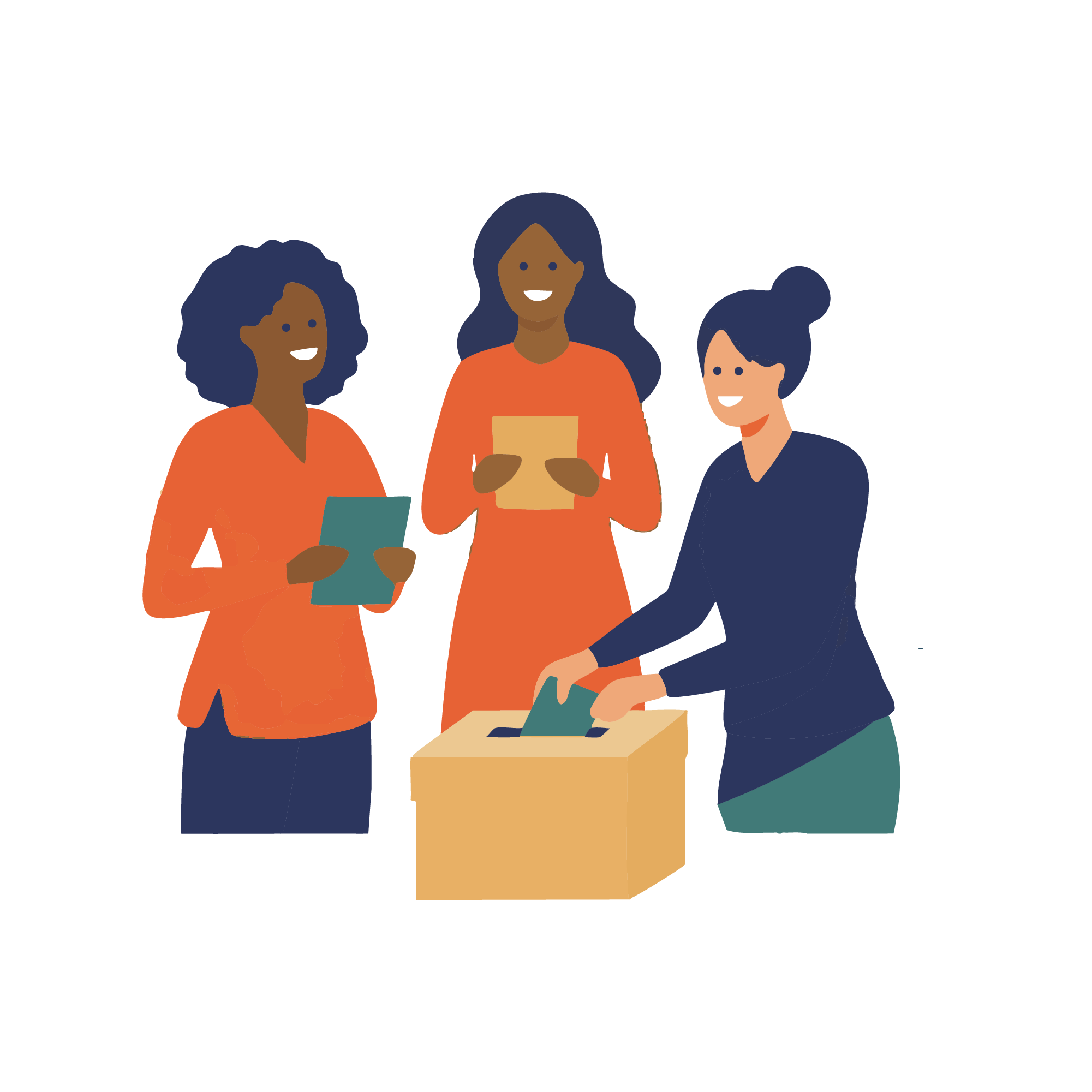 Three cartoon women voting on a ballot.