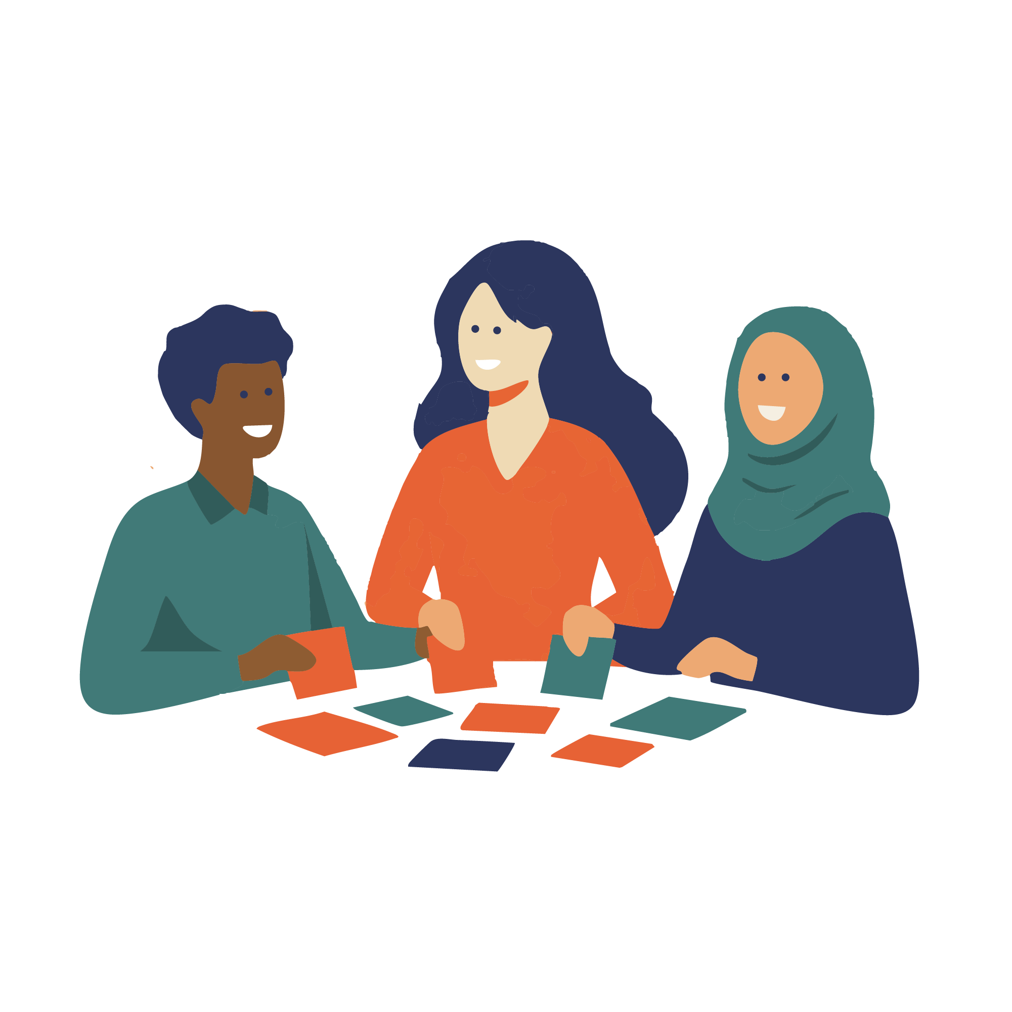 Three diverse cartoon people happily organizing different pieces of colored paper on a table.