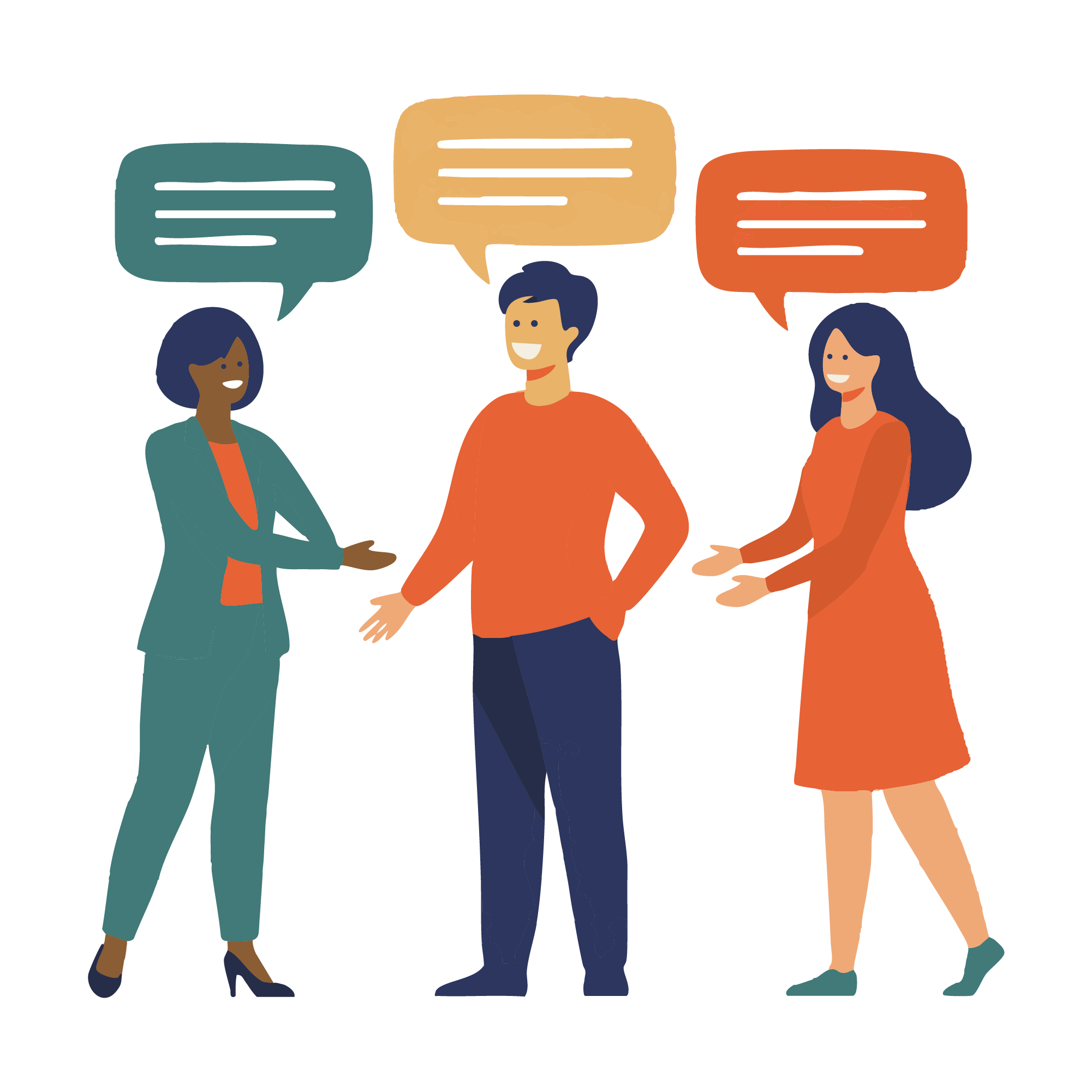 Three cartoon people happily talking.