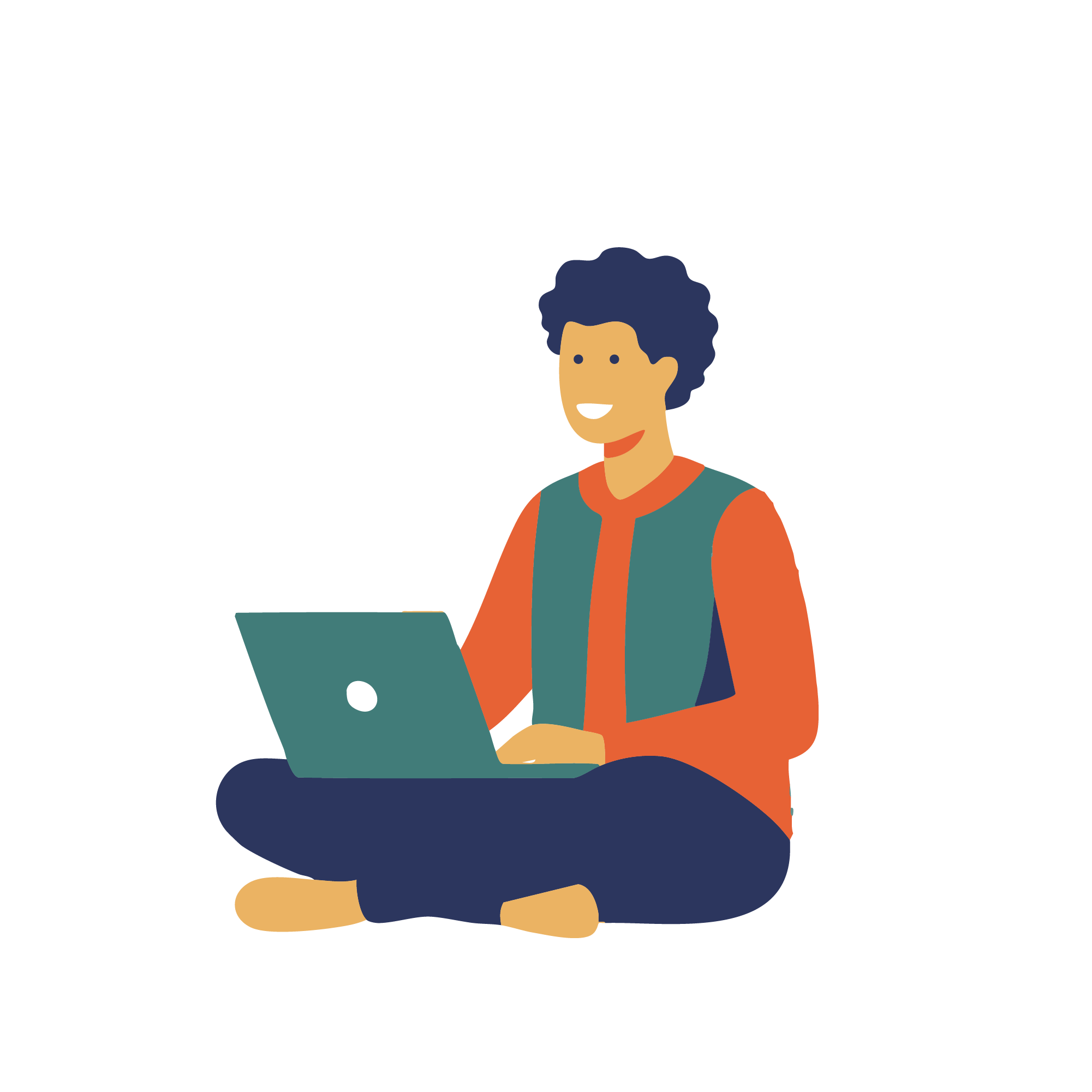 Cartoon man sitting down with while using his laptop.