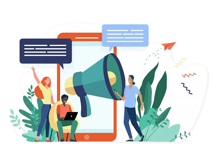Cartoon of 3 people surronded by a giant smartphone, there is a megaphone and speech bubbles emerging from the phone. One person is sitting with a laptop while the others are standing.
