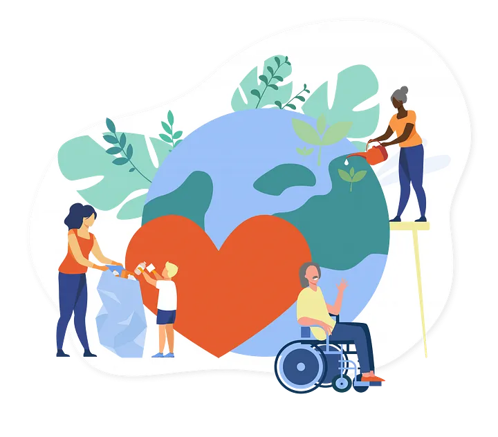 Cartoon people of all types caring for an oversized earth with a heart.