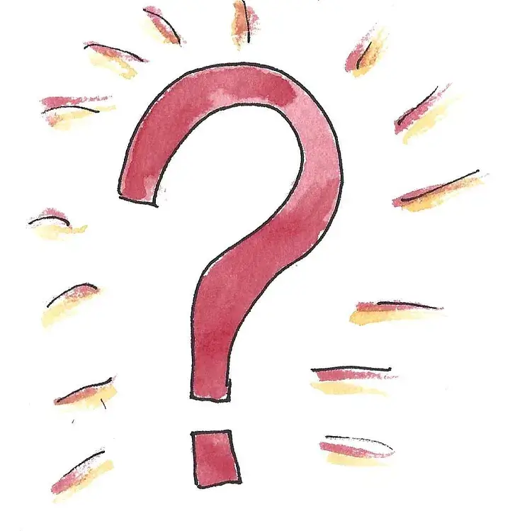 A red question mark with red and yellow rays surrounding it