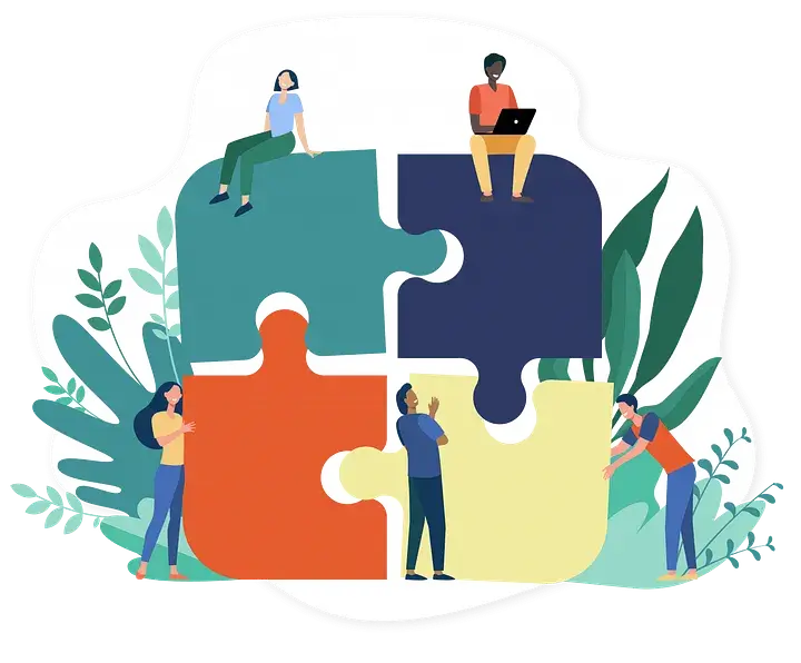 Cartoon of four oversized puzzles pieces connected and surrounded by people smiling and leaning on them.