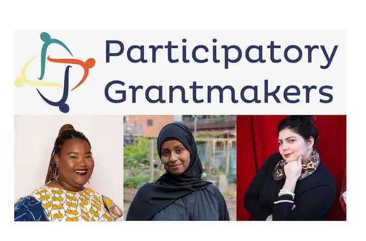 On top there's a text saying "Participatory Grantmakers" next to PGM's logo. Under it there are profile pictures of 3 different women. On the left, a woman with long hair wearing a colorful patterned dress, smiling. In the center, a woman in a black hijab,