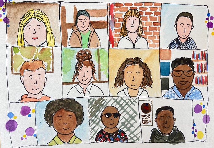 A colorful illustration of twelve diverse, hand-drawn portraits arranged in a grid, featuring individuals with various hairstyles and expressions.
