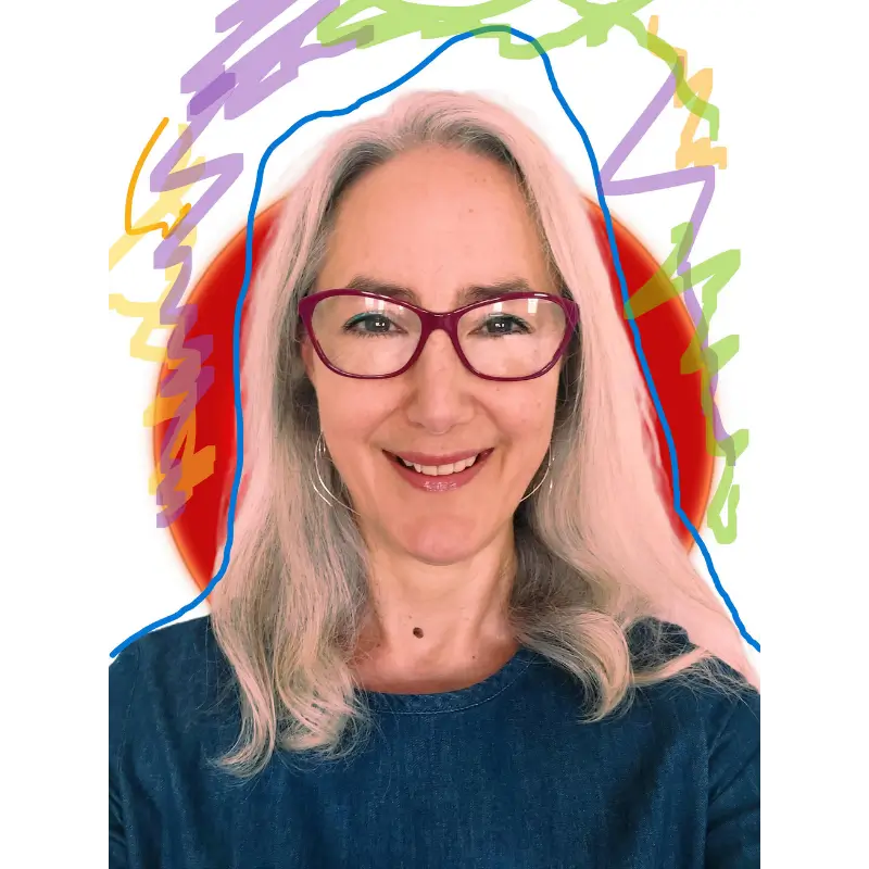 Vanessa Herringshaw, a woman with long gray hair and red glasses, wearing a dark blue shirt, smilling in front of a white background. The image has additional effects of colorful abstract lines and a red circle behind her.