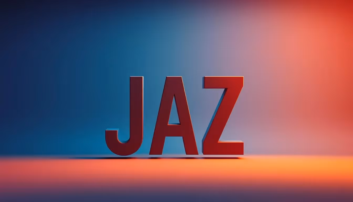 A sleek, modern design showcasing the letters "JAZ" in a bold, clean font against a vibrant gradient background. The letters are rendered in a matte, slightly textured material, with subtle shadows and highlights that accentuate their three-dimensional form. The gradient transitions smoothly from a deep, rich blue at the top to a warm, vibrant orange at the bottom, creating a sense of depth and movement. The lighting is soft and diffused, casting a gentle glow on the letters and the surrounding space. Captured with a Canon EOS 5D, the image is of ultra-high quality, showcasing the intricate details and the precise, minimalist design.
