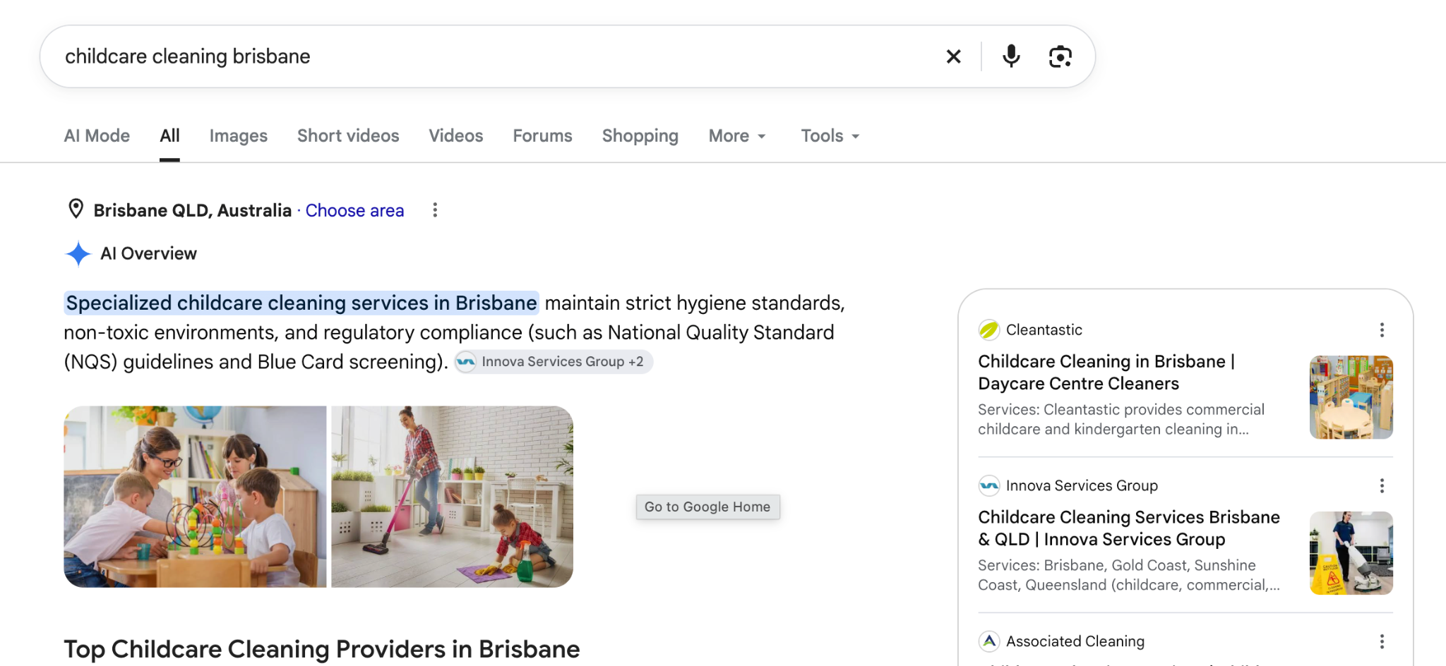 Google AI Overview for childcare cleaning Brisbane citing Innova Services Group