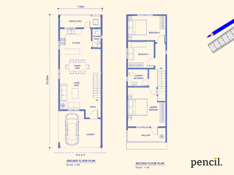 7.5m × 20m lot of a 150 sqm house design layout blueprint