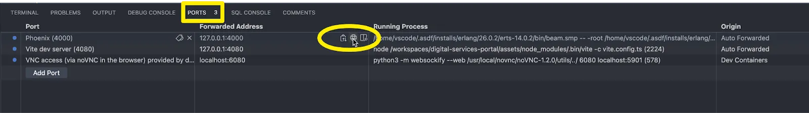 VS Code Ports view showing forwarded ports and allowing to open a port in the browser